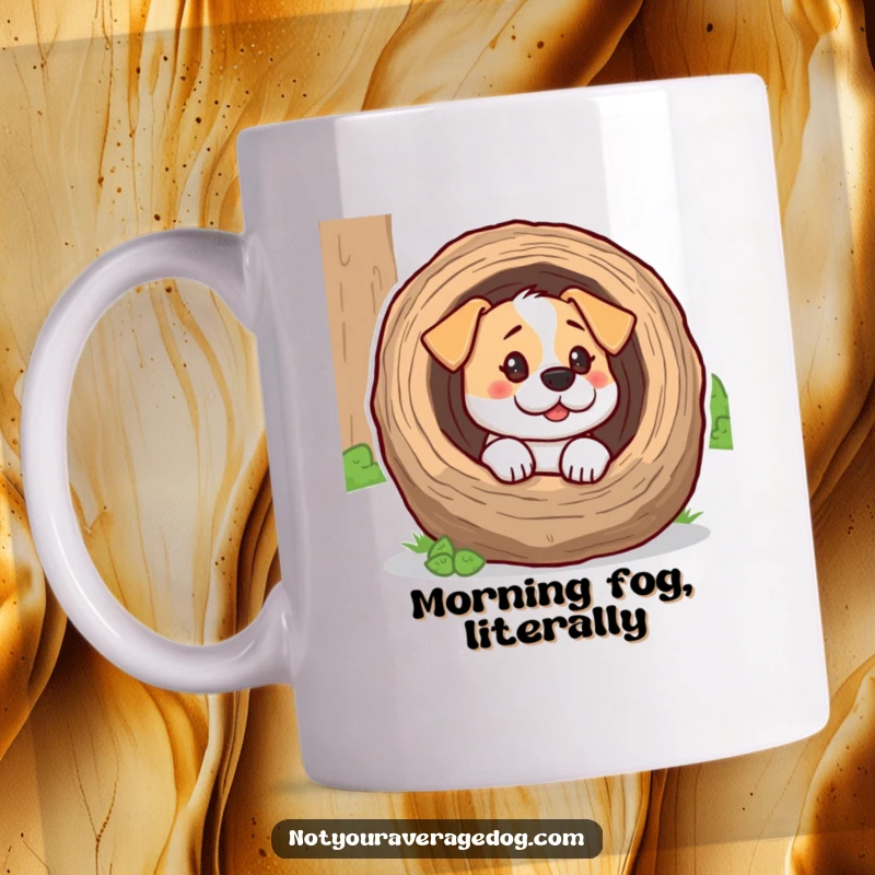 Funny dog with its head stuck inside a hollow log on a mug, looking around with a confused expression.