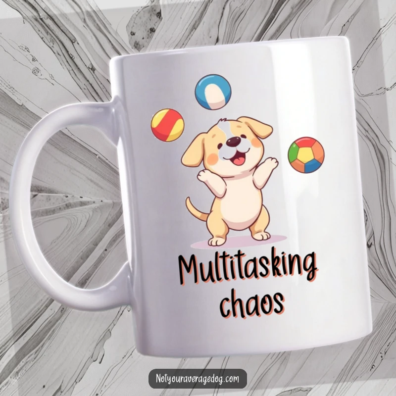 Funny dog character attempting to juggle three mismatched, brightly colored balls, a humorous and chaotic mug design.