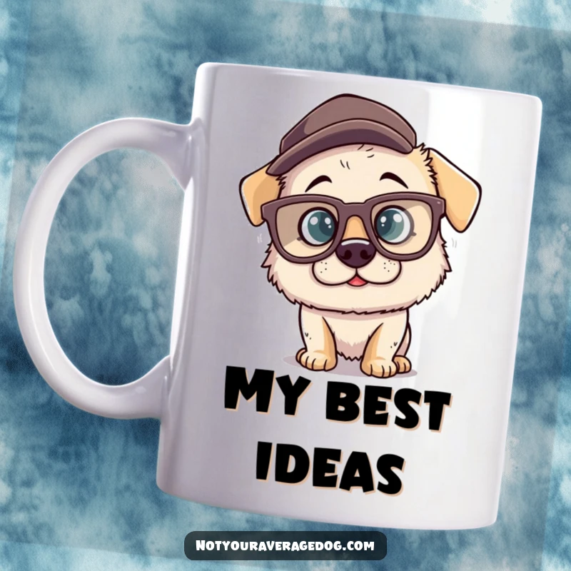 Funny mug featuring a silly dog character wearing oversized, comical glasses and a crooked hat, embodying canine charm and humorous, quirky personality.