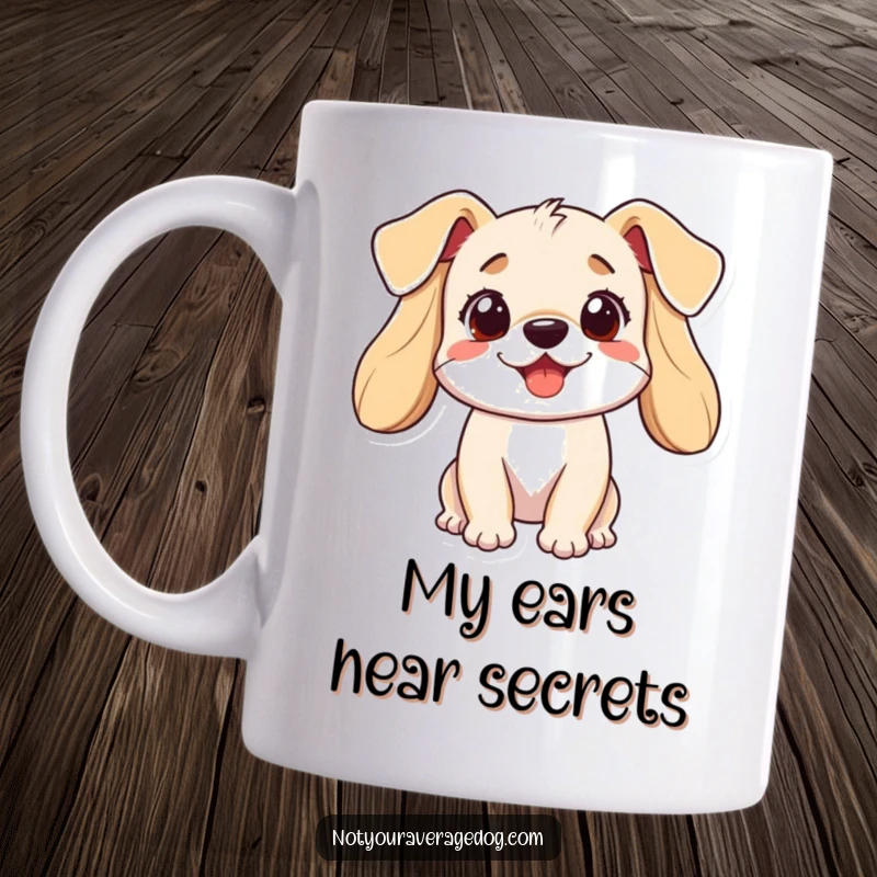 Funny dog mug showcasing a playful canine with comically large, independently flapping ears, spilling coffee with joy.