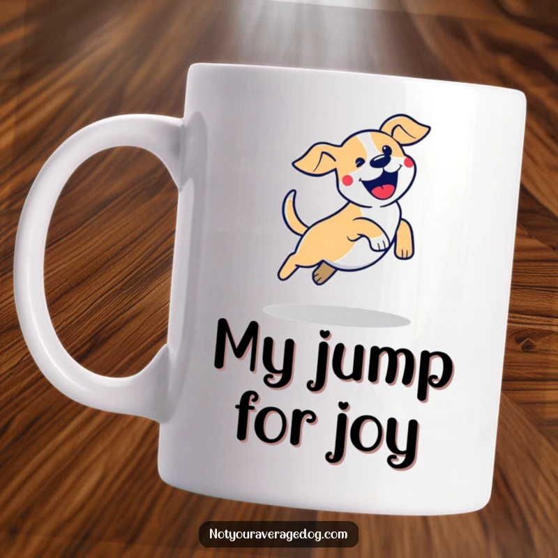 Funny stylized dog silhouette mug depicting a dog mid-air performing a clumsy, excited jump, full of joyful energy.
