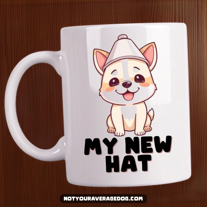 Funny mug featuring a happy dog wearing a lampshade as a hat, looking proud and pleased with its silly costume.