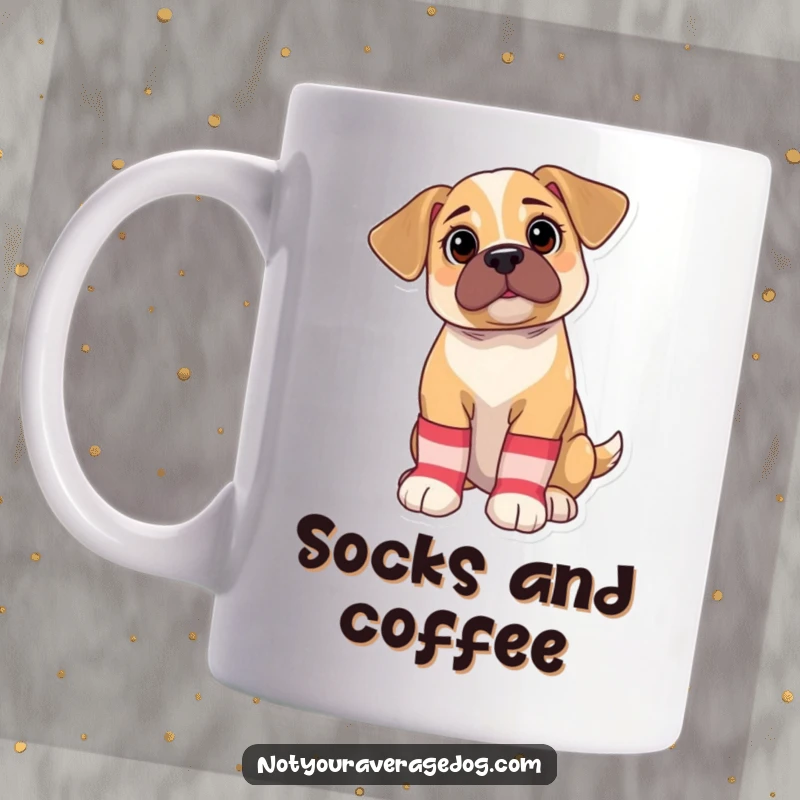 Funny Mug: Bewildered puppy looking utterly confused while wearing comically oversized and mismatched socks, a cute fashion faux pas.