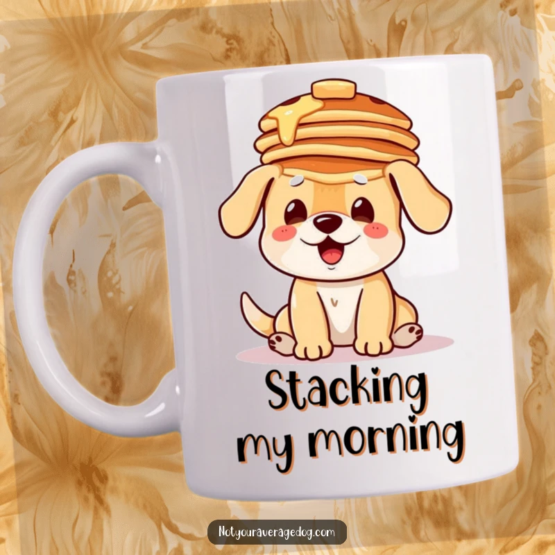 Funny mug showing a dog concentrating intensely while trying to balance a tall stack of pancakes on its head.