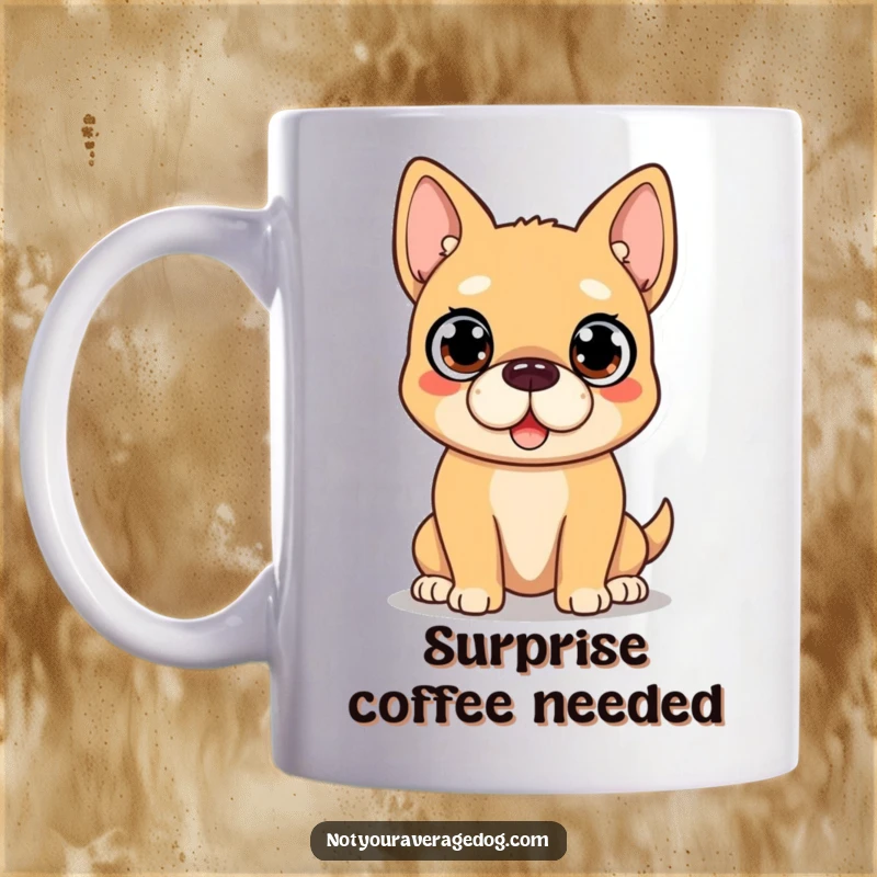 Funny Dog Mug: A dog's face shows comical surprise with huge, wide-open eyes, conveying a shocked expression.