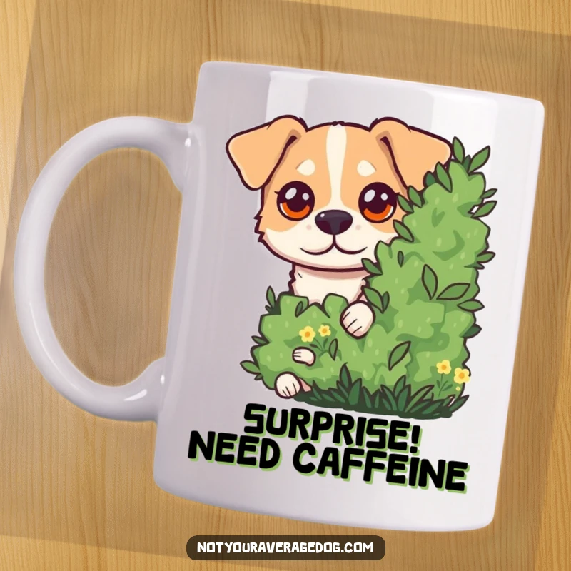 Funny Mug showcasing a dog with exaggerated googly eyes peeking mischievously from behind a leafy green bush, full of playful surprise.
