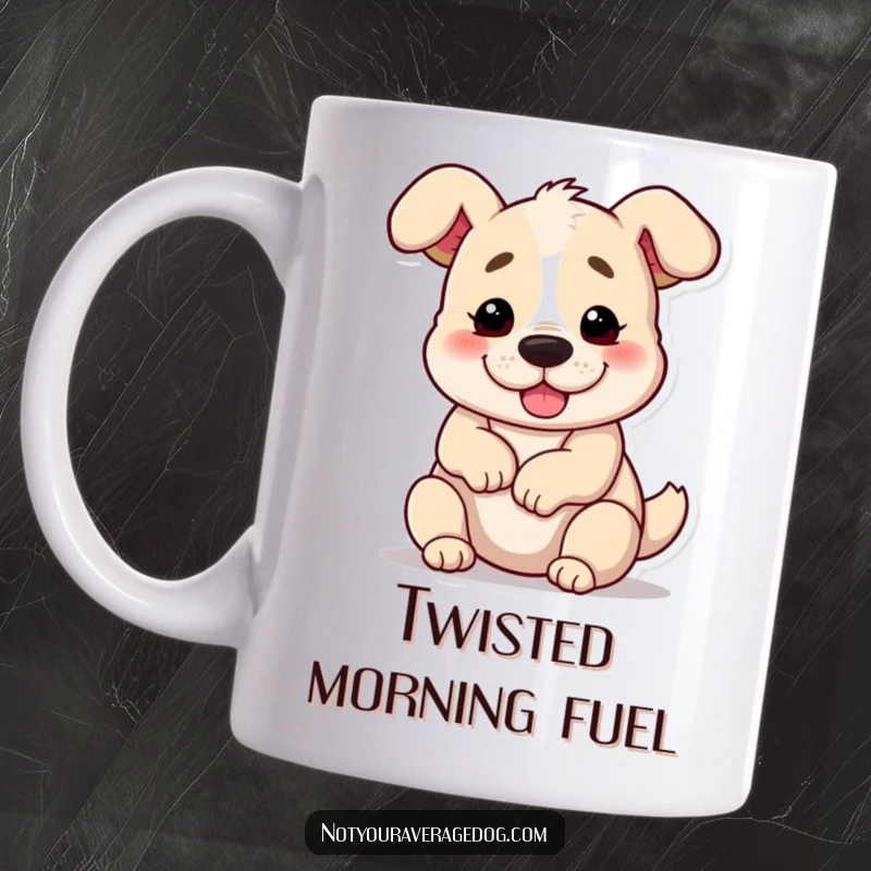 Funny silly dog character twisted into a pretzel shape on a mug, depicting hilarious flexibility.