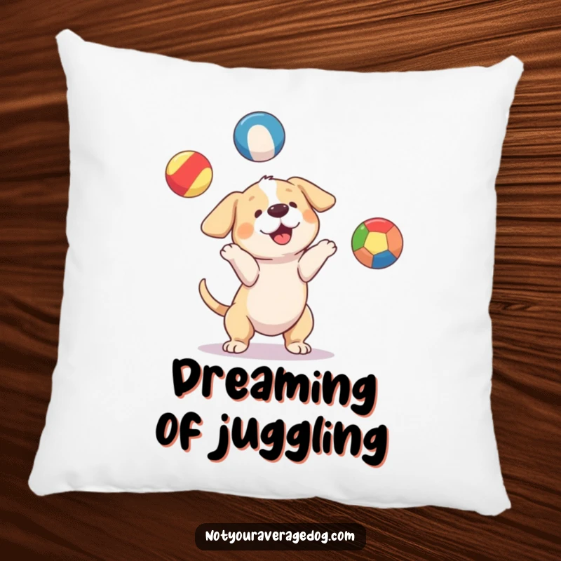 Funny dog attempting to juggle three mismatched, brightly colored balls, a soft and amusing pillow for maximum comfort.