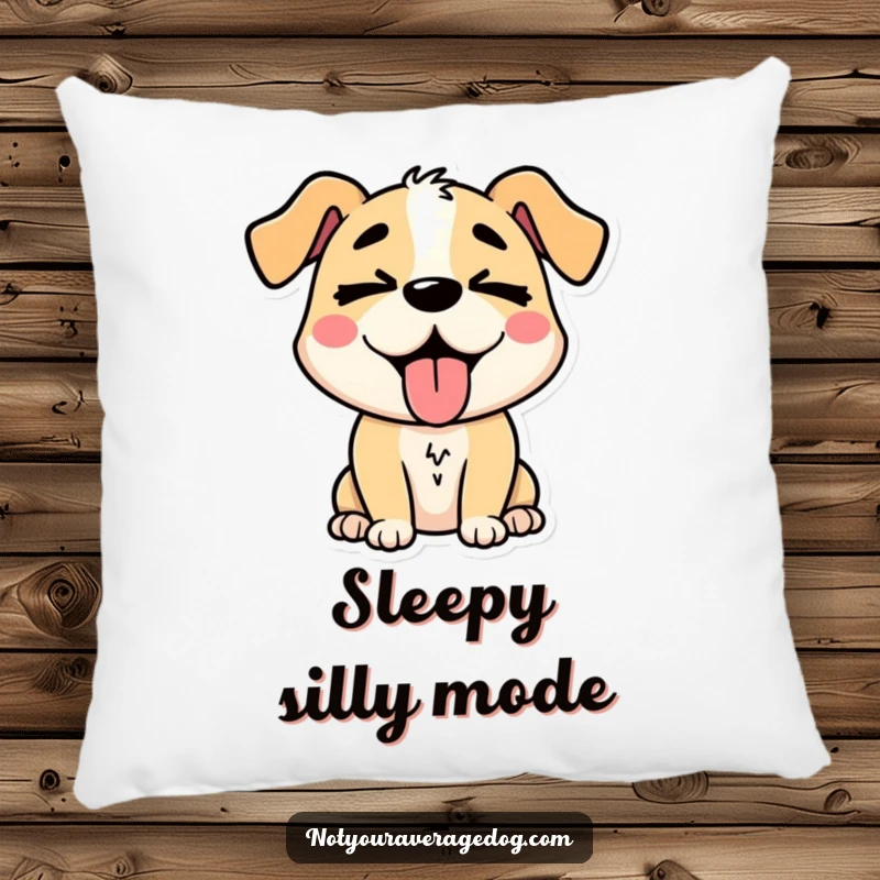 Funny stylized dog character with its tongue hanging out and eyes crossed, a soft and amusing pillow for maximum comfort.