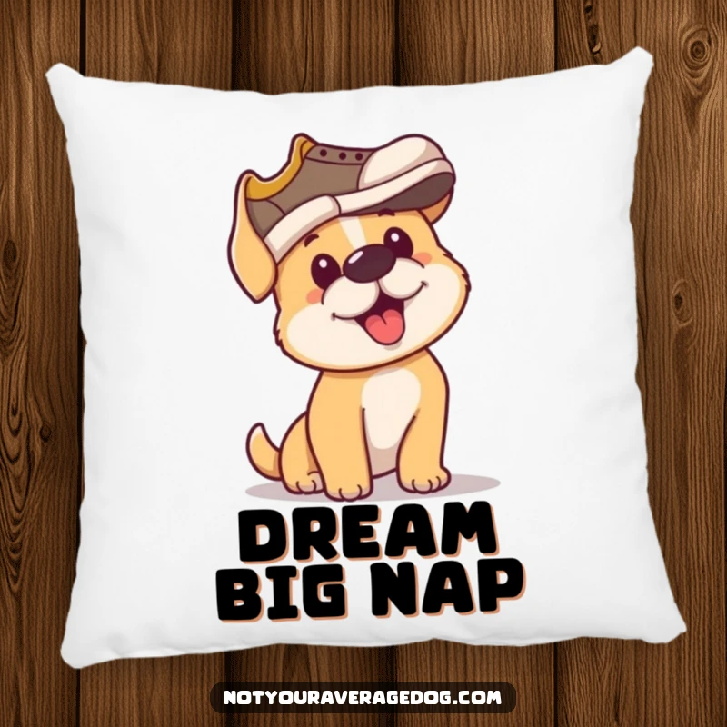 Funny pillow featuring a dog with immense determination trying to wear a shoe as a hat, a quirky home accessory.