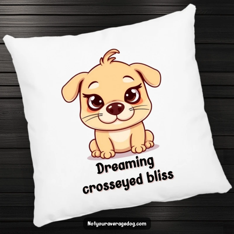 Funny crossed eyes dog pillow, a silly dog making an exaggerated funny face, eyes crossed, comfortable.