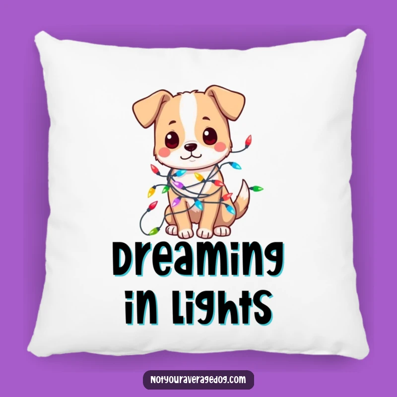 Comfy Funny Tangled Dog Lights Pillow - Cozy Holiday Fun