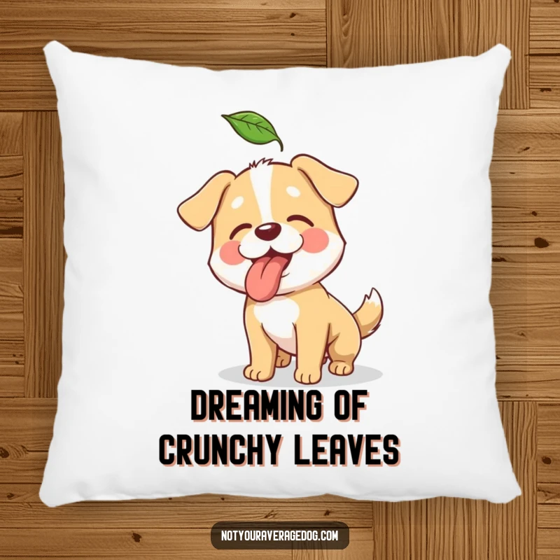Funny pillow featuring a dog with its tongue out, attempting to catch a whimsical falling leaf.
