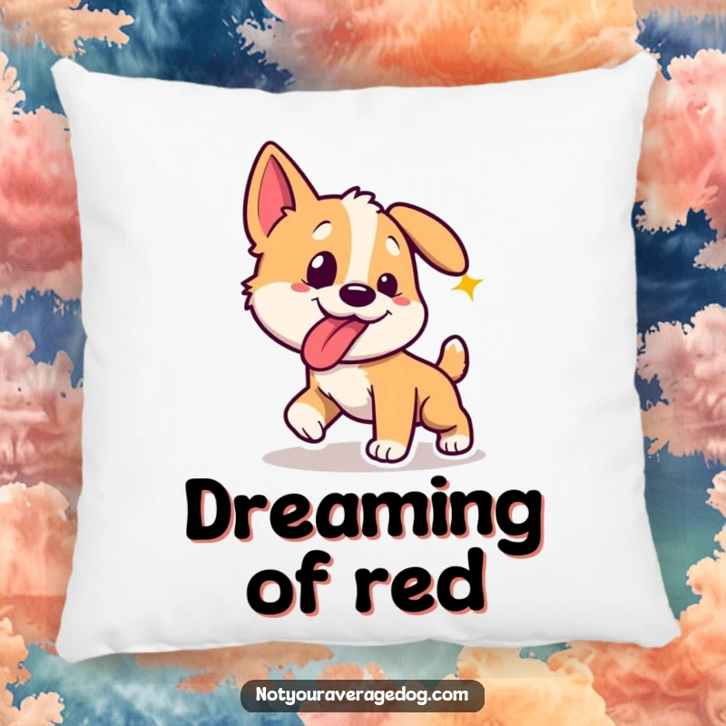 Funny dog with tongue sticking out sideways, chasing a laser dot, on a soft pillow.