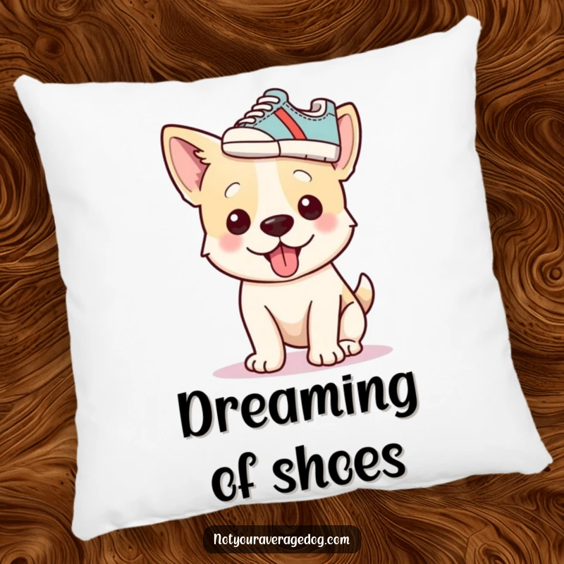 Funny dog with a shoe as a hat on a plush pillow, offering humorous comfort and decor.