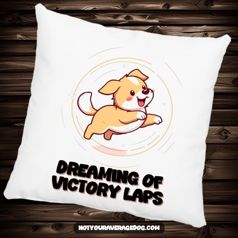 Funny pillow featuring a dog in a comical dizzy circle, chasing its tail. Soft, decorative, and full of pet humor.