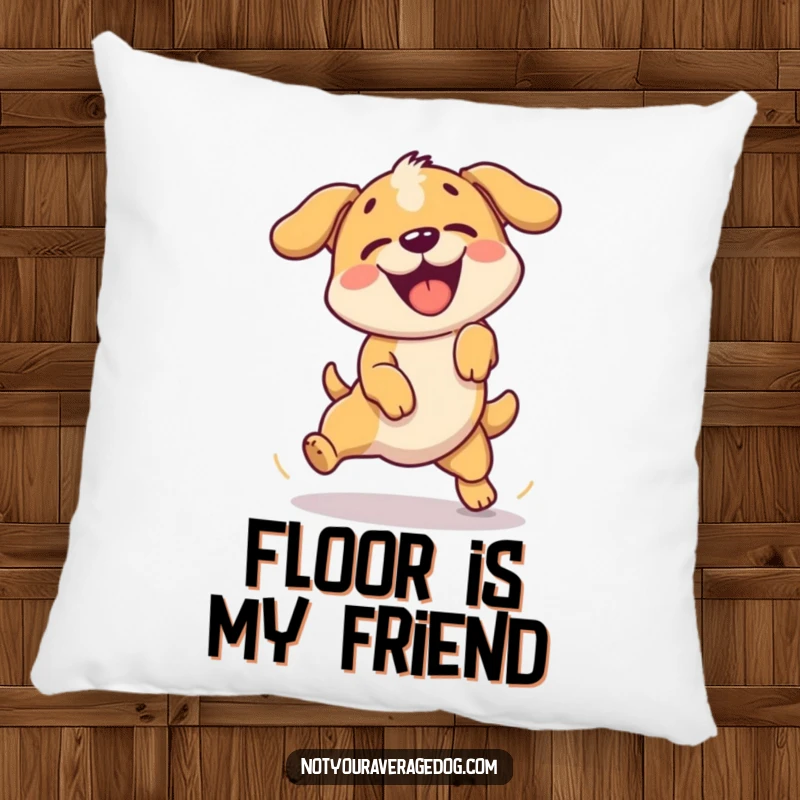 Funny pillow featuring a dog enthusiastically failing a simple jump, looking comically determined.