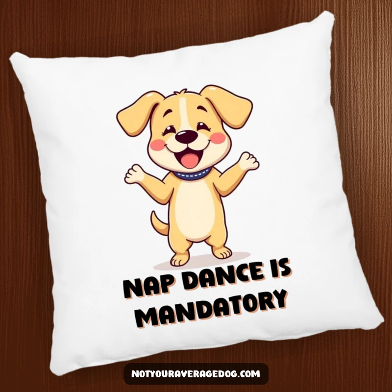 Funny pillow showcasing a dog character dancing with its floppy ears in motion, adding a touch of playful energy to any room.