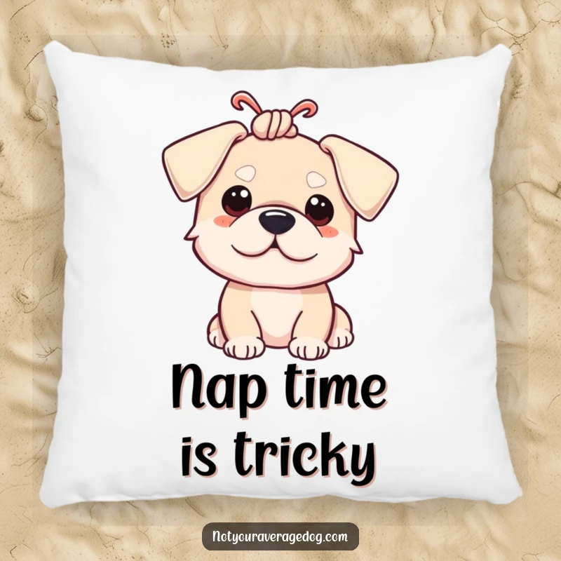 Soft and squishy funny pillow featuring a dog with its ears tied in a humorous knot.
