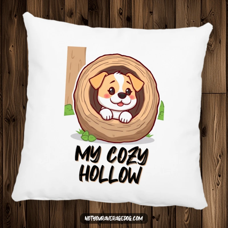 A decorative pillow featuring a dog with its head stuck in a log, looking comically confused, adding humor to any room.