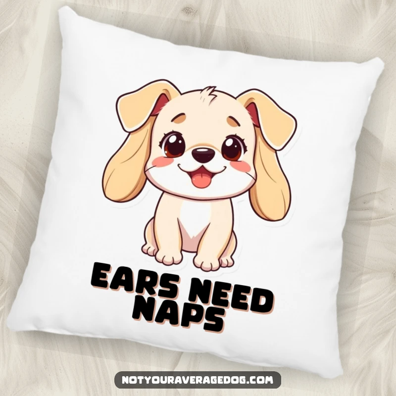 Funny dog pillow showcasing a cute canine with dramatically expressive ears that appear to be in perpetual motion, inviting cuddles.
