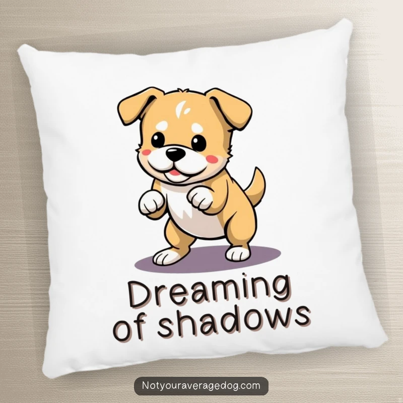 Funny pillow showcasing a dog playfully pouncing on its shadow, adding a touch of whimsical energy to decor.