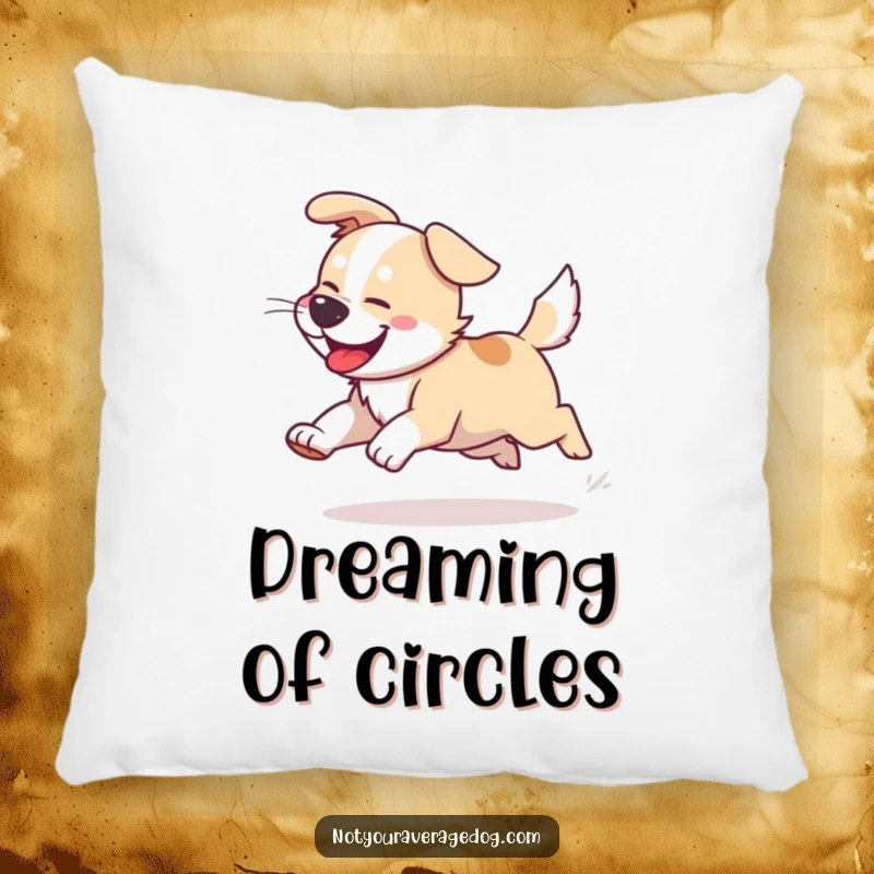 Funny Dog Tail Chasing Pillow: A plush pillow showing a dog in a joyful, erratic tail-chasing spin.