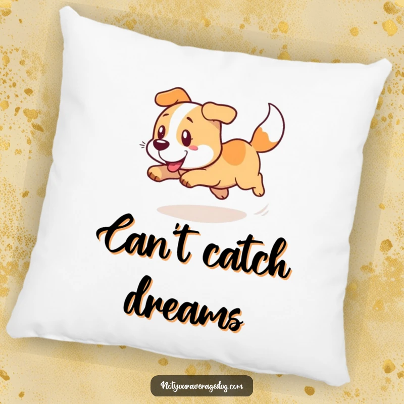 Soft funny pillow featuring a dog in a comical, dizzying spin chasing its tail.