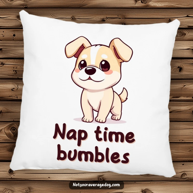 Funny dog with ears flopping comically on a plush pillow, offering humorous comfort and style.