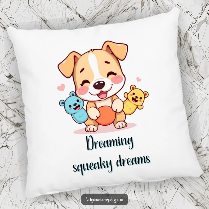 Funny dog pillow with a character juggling three squeaky toys, providing comfort and playful amusement.