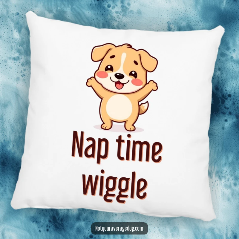 Funny pillow featuring a dog with a wiggly body doing a silly, joyful dance.