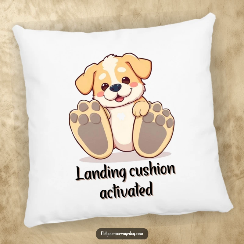 Funny tripping dog pillow, a silly dog tripping over its own enormous paws, soft and humorous.