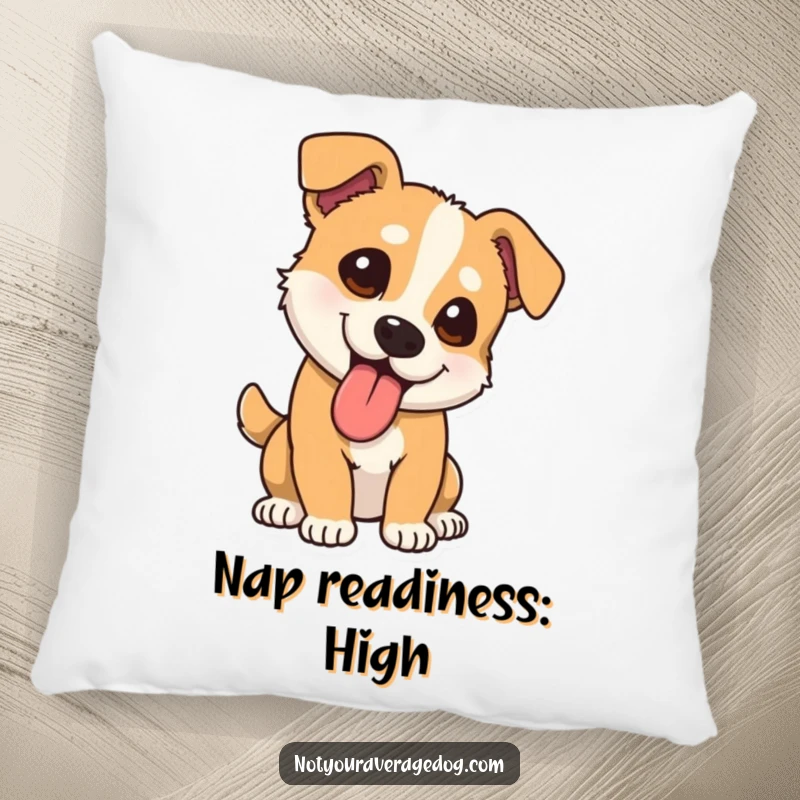 Funny dog pillow with tongue lolling out at a comical angle, providing comfort and adding humorous decor to any space.