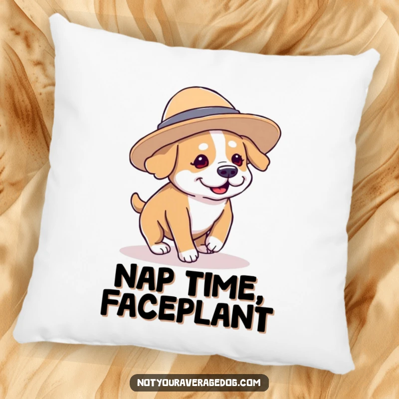 Funny dog wearing a comically oversized hat and tripping over its paws, a soft and amusing pillow for maximum comfort.