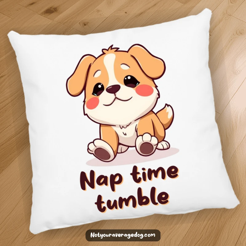 Funny dog pillow with a character tripping over its own feet with a comical expression, providing comfort and humor.