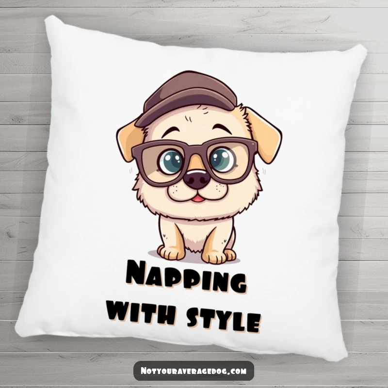 Funny pillow with a silly dog character wearing oversized comical glasses and a misplaced hat, offering cozy comfort and a dose of humorous, pet-themed amusement.