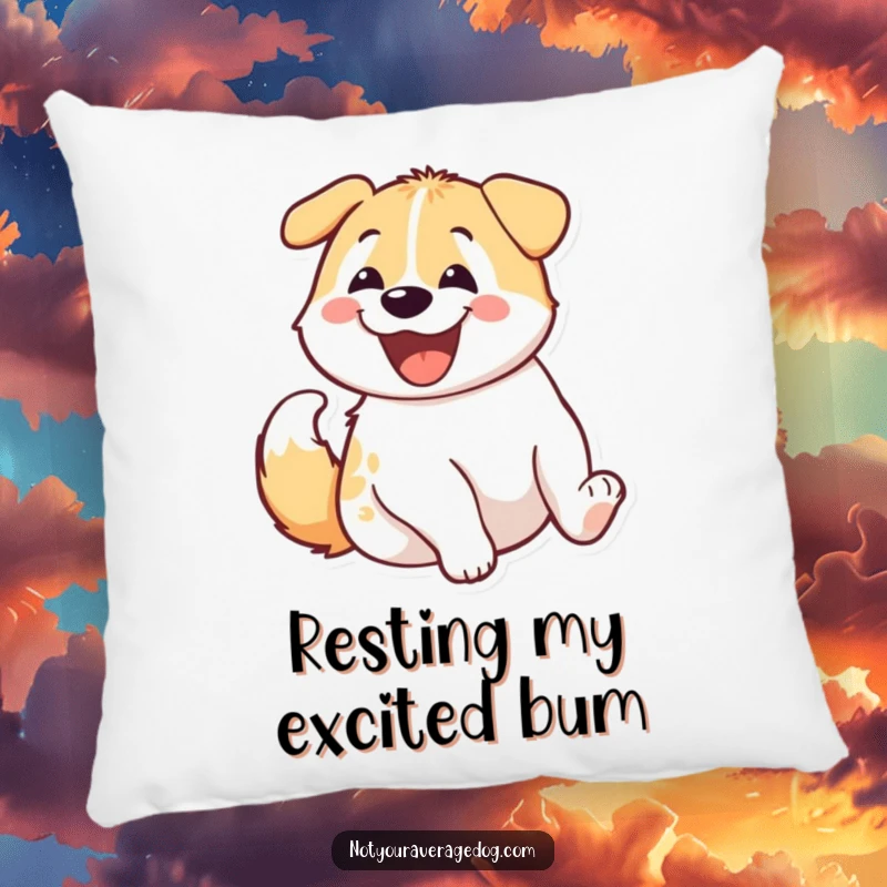 A decorative pillow showcasing a dog's enthusiastic rear end wiggle, a humorous and cozy addition to any furniture.