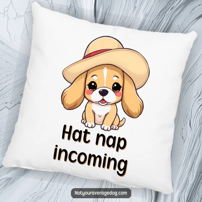 Funny dog in hat pillow featuring a dog with an oversized, floppy hat, perfect for soft, stylish, and humorous decor.