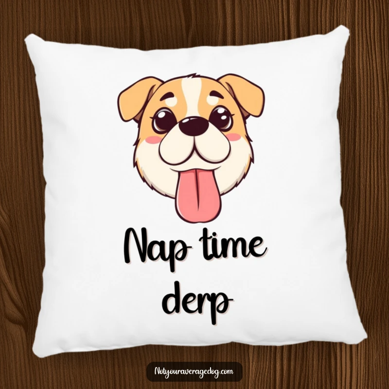 Funny silly dog face pillow featuring a dog with crossed eyes and a floppy tongue, perfect for soft, humorous decor.