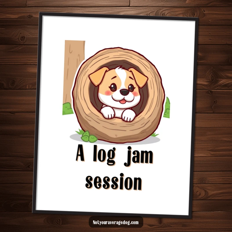 Funny dog looking confused with its head inside a hollow log as a digital art print, adding quirky humor to decor.