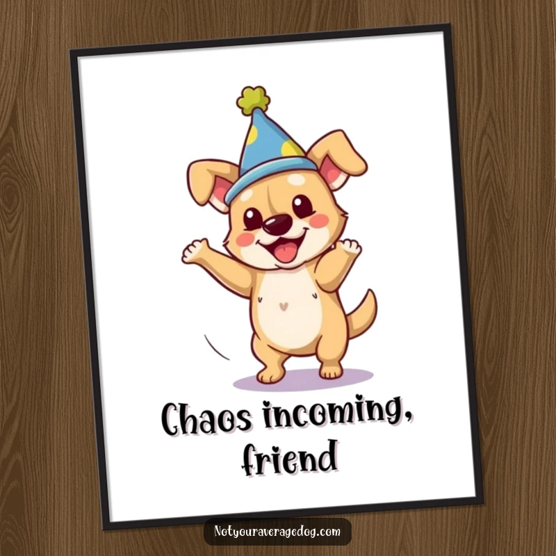 Funny dog wearing a silly hat, mid-clumsy spin, as a digital art print.