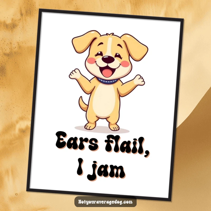 Funny digital art print of a dog character dancing with its floppy ears, a downloadable piece of pure canine celebration.
