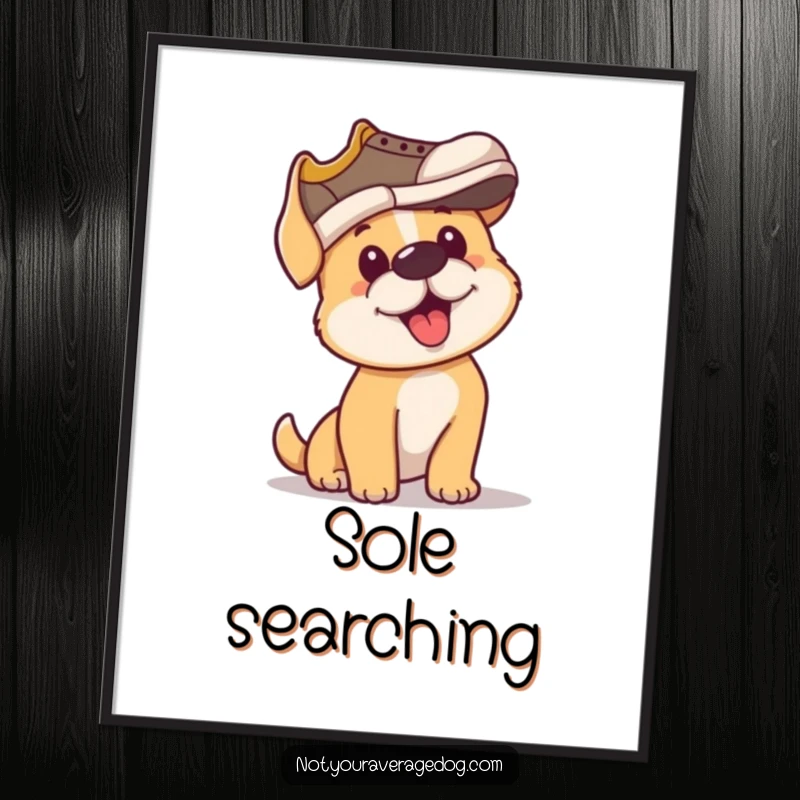 Funny digital art of a dog with immense determination attempting to wear a shoe as a hat, ideal for wall decor.