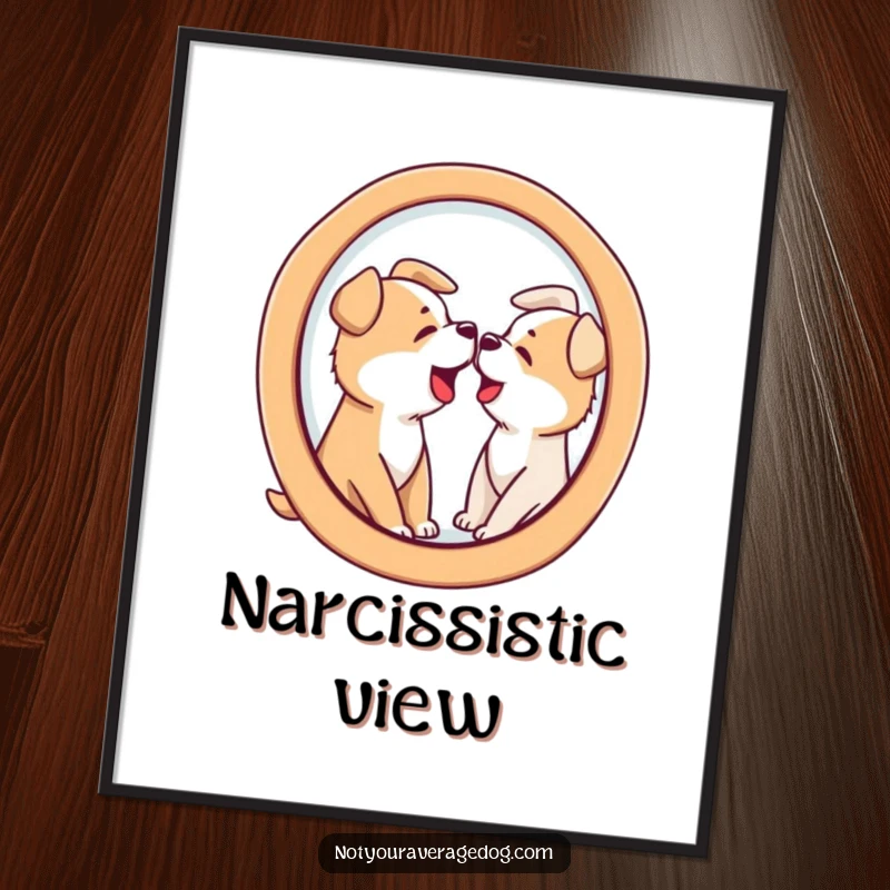 Funny digital art print of a dog barking at its distorted reflection in a funhouse mirror shape, perfect for humorous decor.