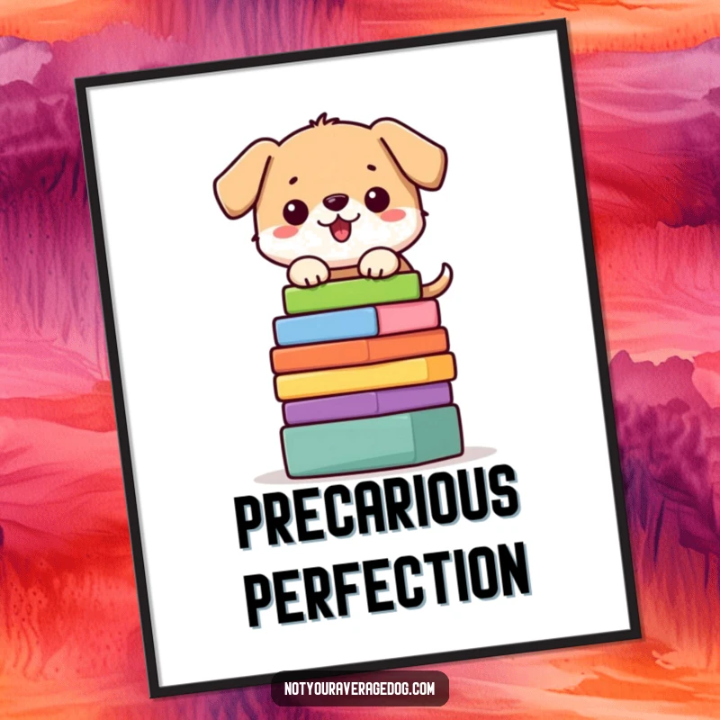 Funny dog digital art of a character precariously balancing a stack of colorful blocks, perfect for home decor.
