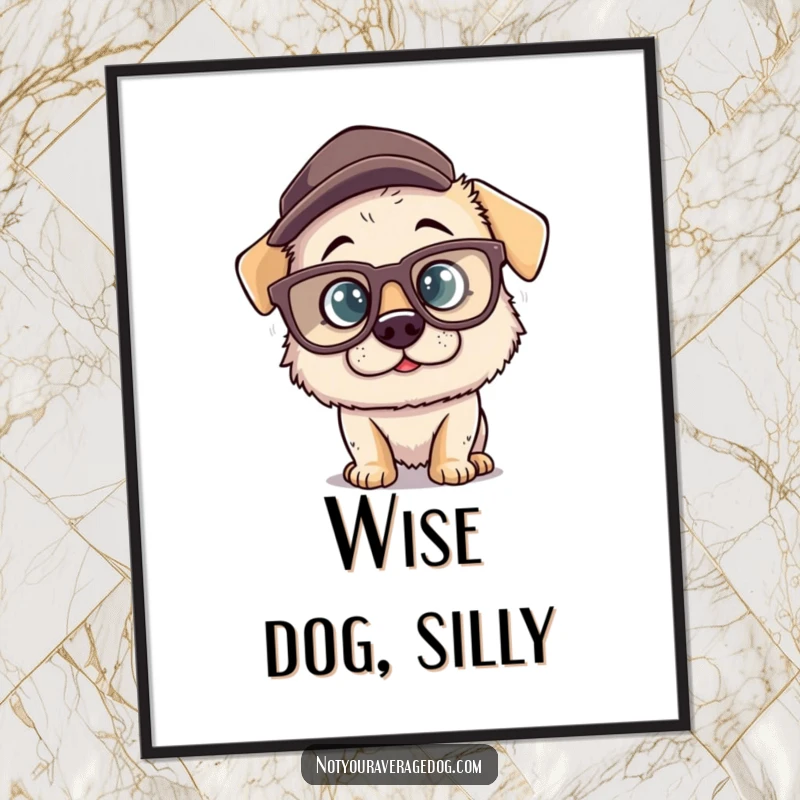 Funny digital art print of a silly dog character wearing oversized comical glasses and a misplaced hat, perfect for instant download and adding home comedy.