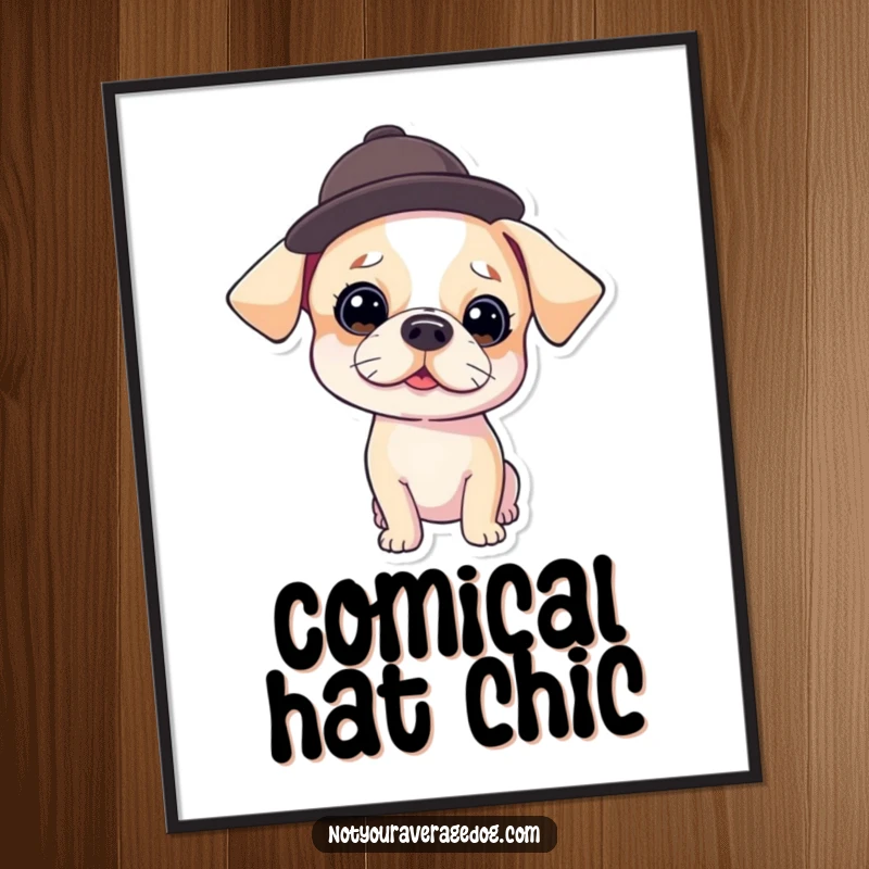 Funny Digital Art Print of a dog wearing a small hat tilted comically, radiating playful charm and a whimsical personality.