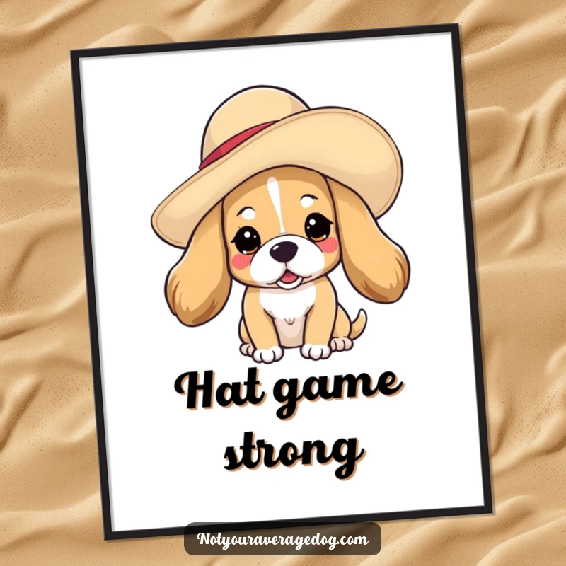 Funny dog in hat digital art print of a dog wearing a floppy hat tilted on its head, ready to add charm.