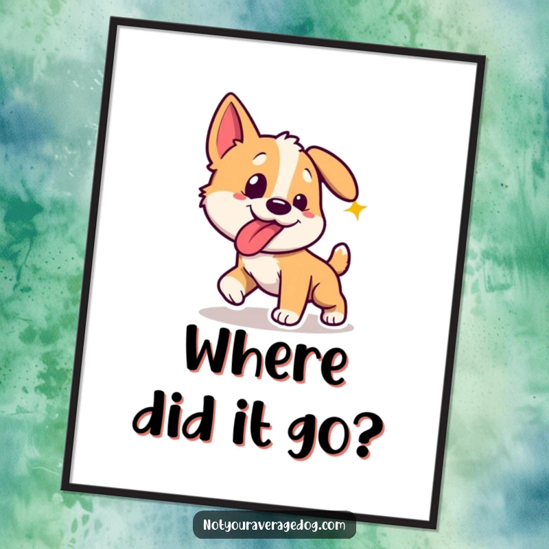 Funny dog with tongue sticking out sideways, chasing a laser dot, as digital art.