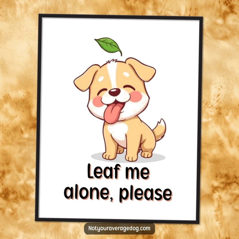 Funny digital art print of a dog comically reaching for a falling leaf, ready to be framed.